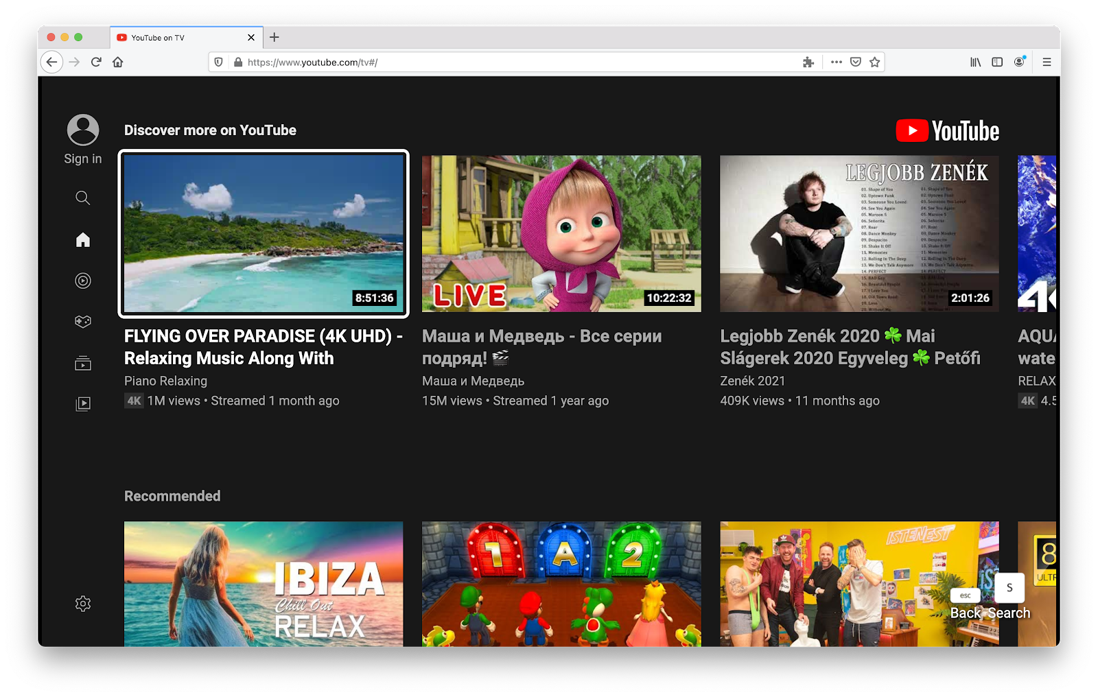 The YouTube TV page, loaded successfully in Firefox