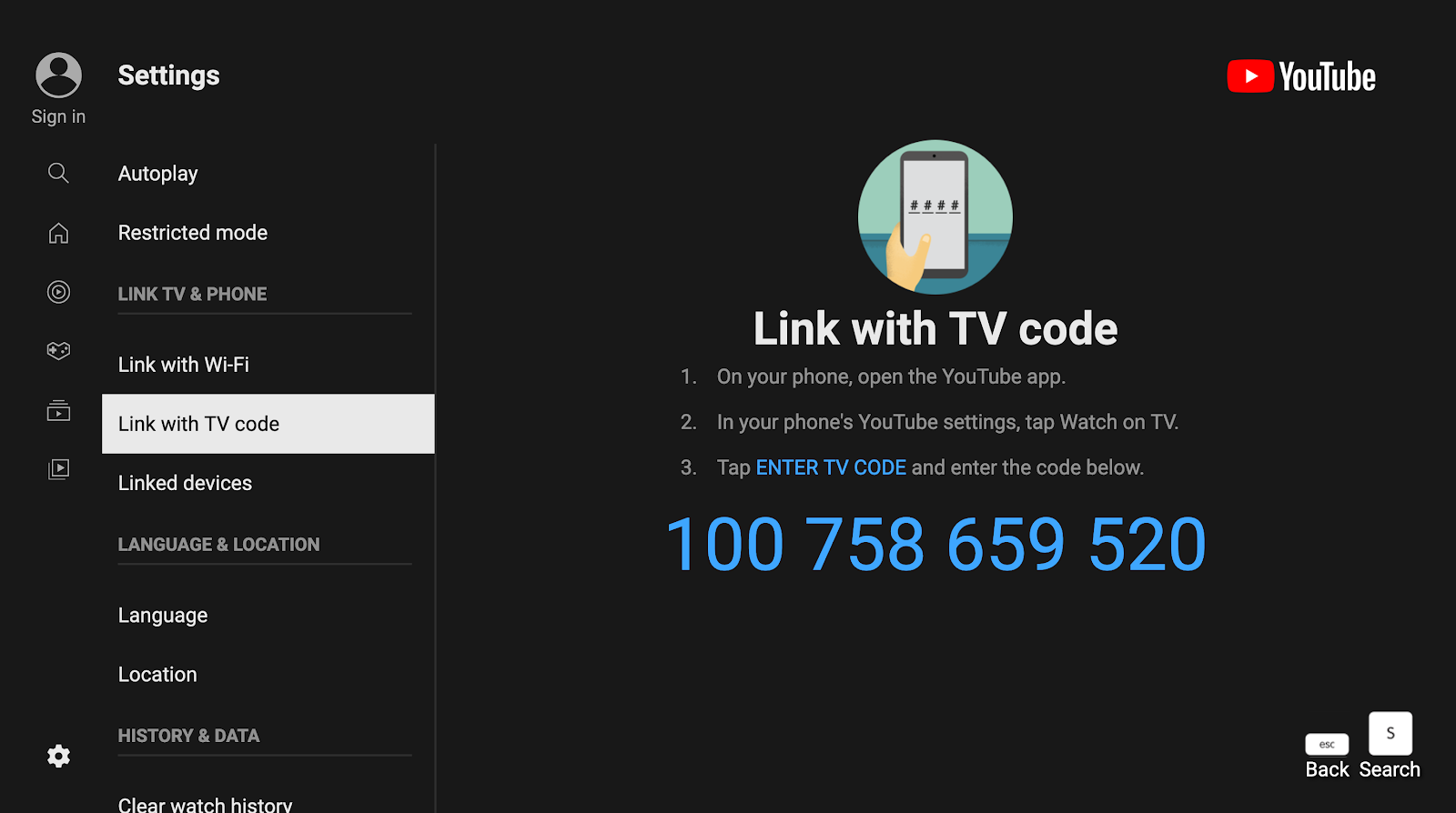 The YouTube TV "Link with TV code" settings page, showing the TV Code PIN
