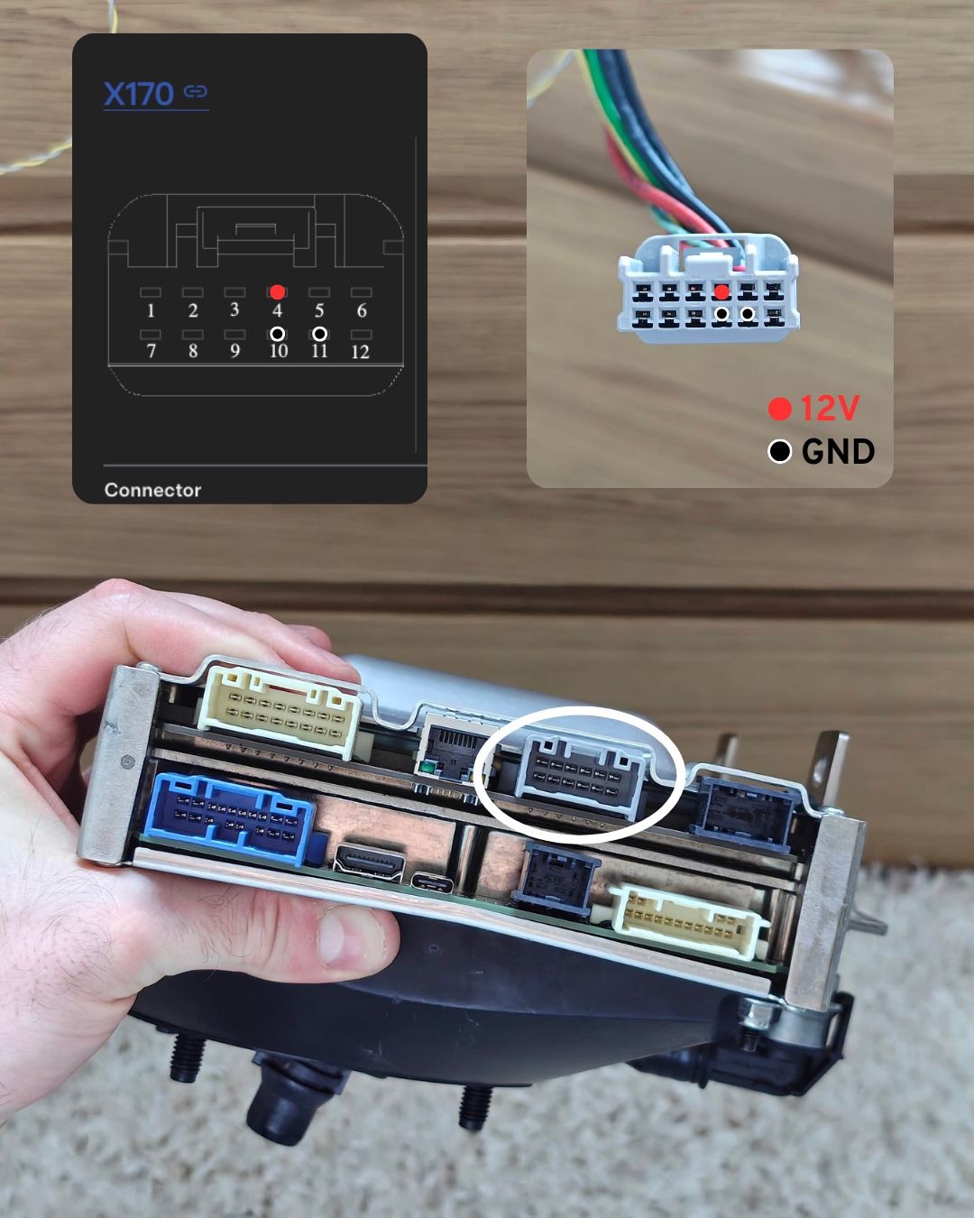Diagram showing the relevant connector and pins used to provide power to the board