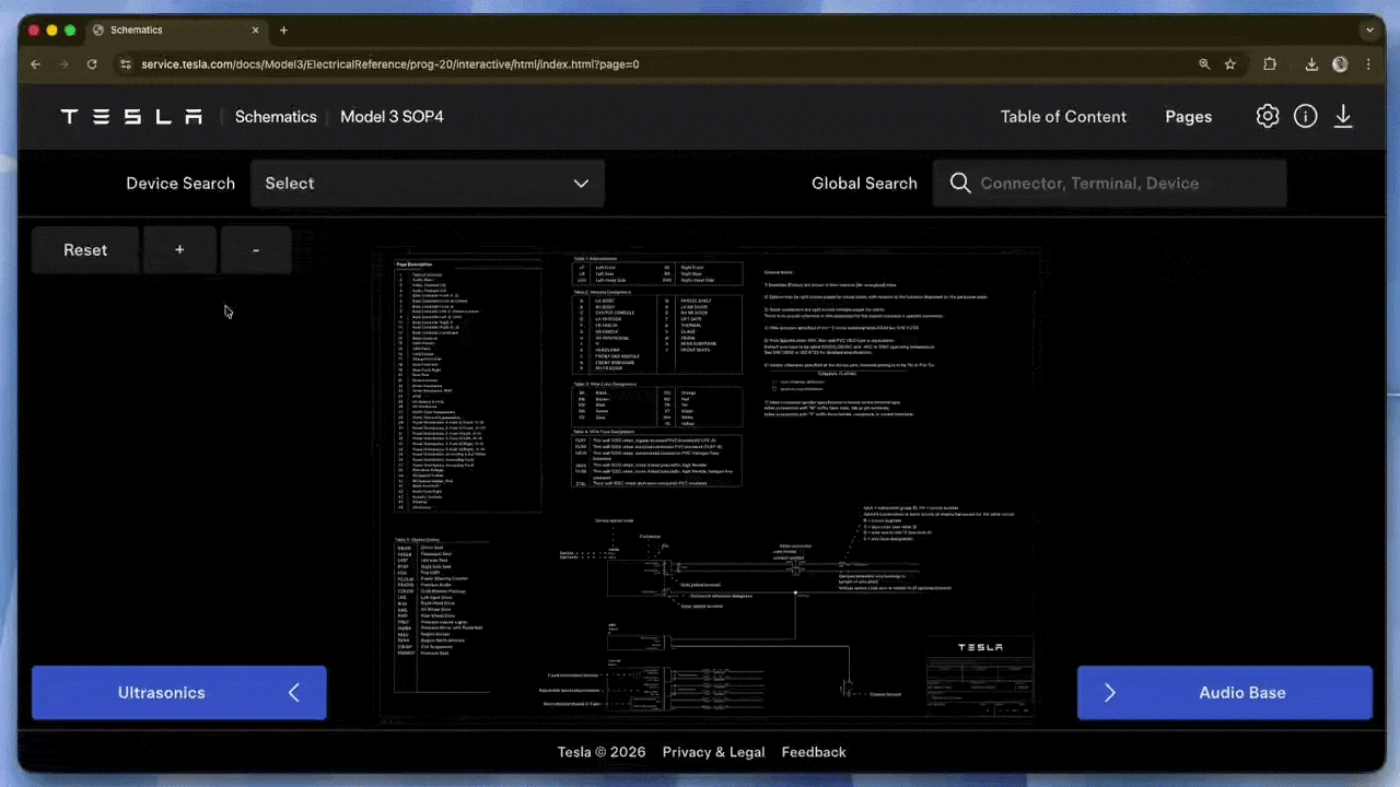 Tesla Electrical Reference showing the display wiring diagram and connector pin assignments